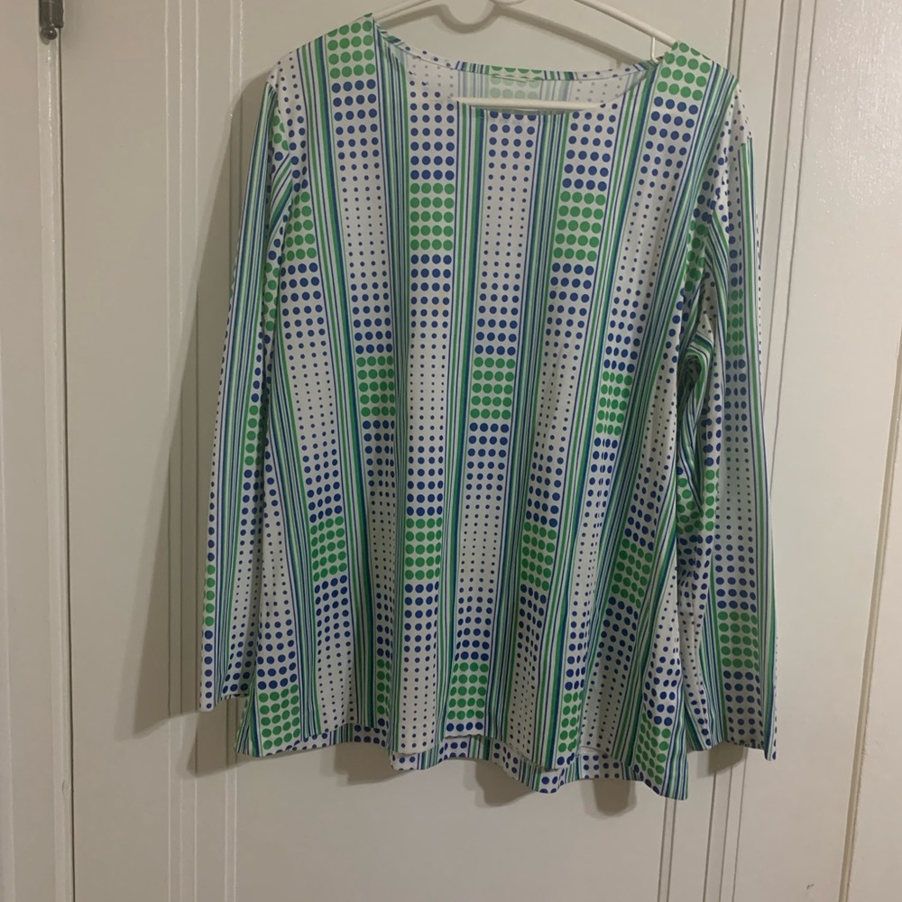 Long Sleeved Green/Blue Polka Dot and Lined Long Sleeve Blouse Sized XL
